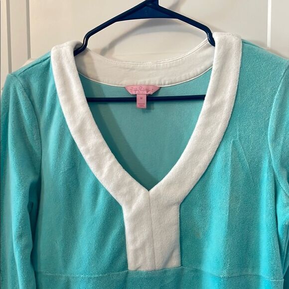 Lilly Pulitzer Turquoise and White V-Neck Terry Dress - Picture 3 of 6